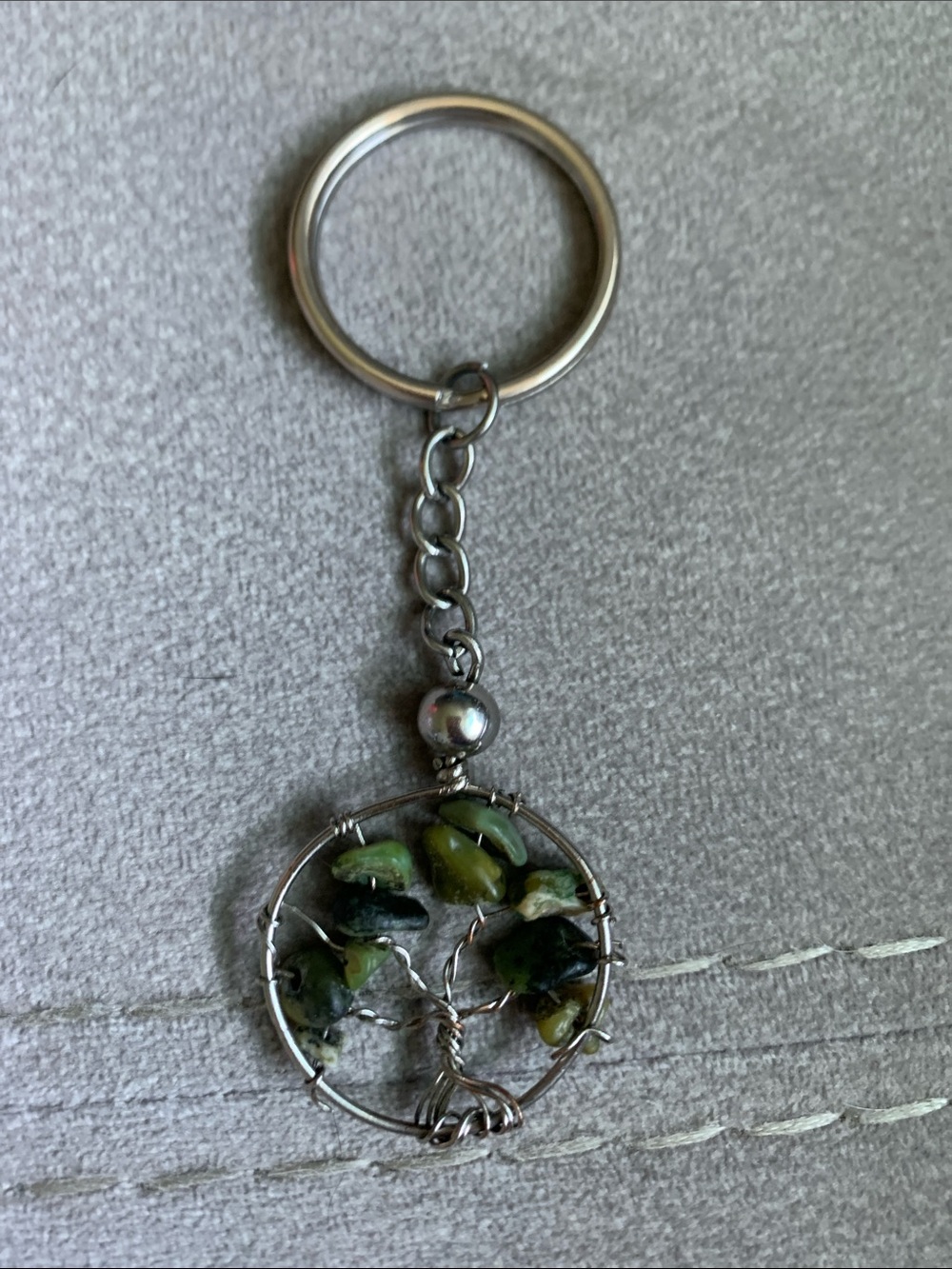 Silver Tree of Life Keychain with Green Gemstone Accents